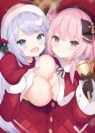  2girls antlers bell blue_archive blue_eyes breast_press breasts christmas cisyo cleavage fake_antlers fur-trimmed_jacket fur_trim gloves hair_ornament hanae_(blue_archive) hanae_(christmas)_(blue_archive) heart heart_hair_ornament highres holding holding_bell holly_hair_ornament hug jacket large_breasts looking_at_viewer medium_breasts mistletoe_hair_ornament multiple_girls nipples official_alternate_costume pink_eyes pink_hair red_gloves red_headwear red_mittens red_sweater reindeer_antlers serina_(blue_archive) serina_(christmas)_(blue_archive) smile sweater 