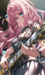  1girl bangs black_shirt blue_eyes blush bocchi_the_rock! closed_mouth cube_hair_ornament electric_guitar gibson_les_paul gotou_hitori grey_skirt guitar hair_between_eyes hair_ornament highres holding holding_instrument instrument long_hair looking_at_viewer music pink_hair playing_instrument pleated_skirt shino_(eefy) shirt short_sleeves sidelocks skirt solo sweat 