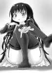  1girl absurdres ao_daidai_ki assault_lily bangs blush commentary convenient_leg crossed_legs foot_out_of_frame foreshortening frilled_skirt frills gradient gradient_background grey_background greyscale hand_on_own_shoulder hand_up highres jewelry juliet_sleeves leg_ribbon leg_up long_hair long_sleeves looking_at_viewer monochrome no_shoes outstretched_arm parted_lips puffy_sleeves reaching_towards_viewer ribbon ring school_uniform shirai_yuyu sitting skirt smile solo thigh_ribbon thighhighs upskirt very_long_hair white_background yurigaoka_girls_academy_school_uniform 