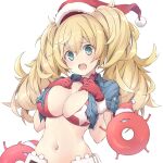  1girl abyssal_ship bikini bikini_top_only blonde_hair blue_eyes blue_shirt breasts christmas enemy_lifebuoy_(kancolle) fur-trimmed_gloves fur_trim gambier_bay_(kancolle) gloves hat highres kantai_collection large_breasts open_mouth red_bikini red_gloves sakana_(flame_sakana) santa_hat shirt simple_background star_(symbol) star_print swimsuit torn_clothes twintails upper_body white_background 