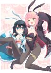  2girls ;d animal_ears arm_up bangs black_hair black_hairband black_leotard black_pantyhose blue_eyes blush breasts brown_eyes chinese_zodiac chloe_withers closed_mouth commentary_request covered_navel covered_nipples fake_animal_ears feet_out_of_frame fur_trim groin hair_between_eyes hairband happy_new_year highres homura_subaru large_breasts leotard lillian_ljungstrom multiple_girls obi one_eye_closed open_clothes original pantyhose pink_hair rabbit_ears sash small_breasts smile white_hairband white_leotard year_of_the_rabbit 