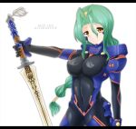  1girl bangs black_bodysuit black_gloves bodysuit breasts brown_eyes copyright_name covered_navel floating_hair fortified_suit gloves green_hair hair_between_eyes hair_strand hairband head_tilt holding holding_sword holding_weapon impossible_bodysuit impossible_clothes isumi_yayoi kimi_ga_ita_kisetsu letterboxed long_hair low-tied_long_hair medium_breasts muvluv parted_bangs pilot_suit science_fiction skin_tight smile solo sword tipo_(tipoplaza) weapon white_background yellow_hairband 