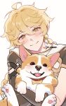  1boy aether_(genshin_impact) ahoge animal animal_ears arm_armor artist_name bangs black_eyes blonde_hair blush bone_necklace braid brown_collar brown_eyes brown_fur brown_gloves brown_shirt closed_mouth collar dog dog_ears earrings genshin_impact gloves hair_between_eyes hair_ornament hands_up hug jewelry long_hair looking_at_viewer scarf shirt short_sleeves simple_background single_earring smile tongue tongue_out two-tone_fur white_background white_fur white_scarf yiiisheng 