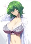  1girl bra breasts cleavage commentary_request green_hair hair_between_eyes hand_in_own_hair highres huge_breasts kazami_yuuka lace-trimmed_bra lace_trim large_breasts lipstick long_sleeves looking_at_viewer makeup mattari_yufi navel one_eye_closed open_clothes open_shirt red_eyes shirt short_hair sleepy solo touhou twitter_username underwear upper_body white_background white_shirt 