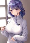  1girl alternate_costume artist_name asymmetrical_bangs bangs blurry blurry_background braid braided_ponytail breasts closed_mouth clothes_pull commentary_request genshin_impact grey_sweater highres large_breasts long_hair long_sleeves looking_at_viewer mole mole_under_eye pulled_by_self purple_eyes purple_hair raiden_shogun simple_background solo sweater sweater_pull takenoko_pengin turtleneck turtleneck_sweater twitter_username upper_body window 