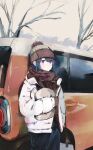  1girl absurdres beanie blue_hair car commentary day ground_vehicle hat highres holding jacket leadin_the_sky motor_vehicle outdoors pink_eyes scarf shima_rin solo sports_utility_vehicle winter_clothes yurucamp 
