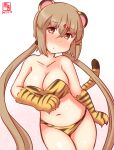  1girl alternate_costume animal_costume animal_ears animal_hands animal_print artist_logo bikini black_bow bow breasts brown_eyes brown_hair cowboy_shot dated fake_animal_ears fake_tail gloves hair_bow hammer_and_sickle implied_tail_plug kanon_(kurogane_knights) kantai_collection large_breasts long_hair low_twintails one-hour_drawing_challenge paw_gloves simple_background solo swimsuit tail tashkent_(kancolle) tiger_costume tiger_ears tiger_paws tiger_print tiger_tail twintails white_background 
