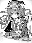  1girl :/ absurdres akimaki_yuu bags_under_eyes blush chair closed_mouth collared_shirt commentary crossed_arms deerstalker desk eyebrows_hidden_by_hair fingernails foul_detective_satori greyscale hair_between_eyes hat hat_ornament heart_hat_ornament highres jacket komeiji_satori long_sleeves looking_at_viewer monochrome on_chair open_clothes open_jacket plaid plaid_jacket shirt short_hair sitting sleeve_cuffs solo third_eye touhou translated upper_body 