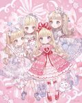  4girls commentary dress flower frilled_dress frills highres multiple_girls pink_dress shirosaki_london symbol-only_commentary tagme white_dress 