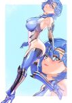  1girl absurdres arion_canvas armpits bangs bishoujo_senshi_sailor_moon blue_eyes blue_gemstone blue_hair bodysuit breasts circlet elbow_gloves gem gloves high_collar high_heels highres large_breasts lips mizuno_ami sailor_mercury short_hair skin_tight solo swept_bangs taimanin_(series) taimanin_suit thick_thighs thighhighs thighs 