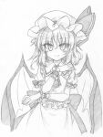  1girl back_bow bat_wings bow closed_mouth collared_shirt fang fang_out frilled_shirt frilled_shirt_collar frilled_sleeves frills graphite_(medium) greyscale hair_between_eyes hat highres marukyuu_ameya medium_hair mob_cap monochrome puffy_short_sleeves puffy_sleeves remilia_scarlet shirt short_sleeves simple_background skin_fang skirt solo touhou traditional_media white_background wings wrist_cuffs 
