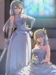  2girls agnes_claudel bare_shoulders blonde_hair blue_eyes blurry blurry_background breasts bridal_garter bridal_gauntlets bridal_veil bride chiharu_(9654784) church dress eiyuu_densetsu elaine_auclair flower hair_bun hand_on_hip highres holding holding_flower holding_sword holding_weapon indoors kuro_no_kiseki kuro_no_kiseki_ii long_hair medium_breasts multiple_girls single_side_bun sleeveless sleeveless_dress smile stained_glass sword veil weapon wedding wedding_dress white_dress 