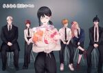  3boys 3girls bangs black_coat black_footwear black_hair black_jacket black_necktie black_pants blonde_hair blue_jacket bouquet braid braided_ponytail brown_footwear chainsaw_man closed_eyes coat collared_shirt crossed_legs crying denji_(chainsaw_man) formal grey_background hair_ornament hairclip hayakawa_aki head_tilt higashiyama_kobeni highres holding holding_bouquet horns jacket jacket_partially_removed kishibe_(chainsaw_man) long_hair looking_at_viewer looking_to_the_side makima_(chainsaw_man) medium_hair multiple_boys multiple_girls necktie off_shoulder open_mouth own_hands_together pants pants_rolled_up pink_hair power_(chainsaw_man) red_hair red_horns shirt shirt_tucked_in short_hair short_ponytail sidelocks single_sidelock sleeping sleeves_rolled_up suit suit_jacket swept_bangs topknot toukaairab white_footwear white_shirt 