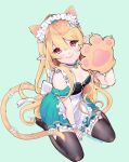  1girl alternate_costume animal_ears animal_hands apron bangs black_thighhighs blonde_hair blush bow breasts brown_eyes cat_ears cat_girl cat_tail cherry_cheezy choker cleavage dress flower frilled_choker frills garter_straps gloves green_bow green_dress hair_bow hair_flower hair_ornament highres kemonomimi_mode looking_up maid maid_apron nijisanji nijisanji_en off-shoulder_dress off_shoulder paw_gloves pointy_ears pomu_rainpuff single_glove smile solo tail thighhighs virtual_youtuber white_apron white_flower 