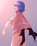  1girl absurdres ass bat_wings blue_hair blush bottomless fang highres looking_at_viewer nail_polish no_panties open_mouth pink_shirt red_eyes remilia_scarlet shiny shiny_hair shirt short_hair smile solo touhou wings zellam 