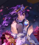  1girl back bangs blunt_bangs braid closed_mouth falling_petals flower genshin_impact hair_flower hair_ornament japanese_clothes kimono long_hair long_sleeves looking_at_viewer petals purple_eyes purple_hair purple_kimono raiden_shogun solo tassel wide_sleeves wisteria yeurei 