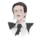  1boy black_necktie brown_hair buzz_cut copyright_request earrings formal jewelry looking_down looking_to_the_side nainainainainaiya necktie open_mouth original scar scar_across_eye short_hair solo suit tagme very_short_hair yellow_eyes 
