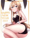  1girl 2023 absurdres black_leotard blonde_hair blush closed_mouth detached_collar feet_out_of_frame hair_between_eyes happy_new_year highres kantai_collection legs leotard long_hair shimakaze_(kancolle) smile solo strapless strapless_leotard tiemu_(man190) wrist_cuffs yellow_eyes 