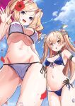  2girls absurdres armband bangs bare_shoulders bikini blonde_hair blue_eyes blue_sky blush breasts brown_eyes brown_hair cloud cloudy_sky day flower gloves hair_flower hair_ornament hands_on_hips hibiscus highres honolulu_(kancolle) johnston_(kancolle) kantai_collection large_breasts long_hair looking_at_viewer medium_breasts multiple_girls navel open_mouth outdoors petals scan shiny shiny_hair shiny_skin simple_background single_glove sky smile stomach swimsuit takanashi_kei_(hitsujikan) thighs water water_drop 