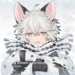  ahoge anchun_(quail0503) androgynous animal_ears bangs black_gloves braid crossed_bangs crying crying_with_eyes_open fang gloves grey_eyes hair_between_eyes open_mouth original own_hands_together sample_watermark scarf snowflakes solo tears thick_eyebrows upper_body white_hair white_scarf 