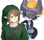  1boy 1girl bangs blue_eyes brown_hair closed_mouth colored_sclera colored_skin eye_contact green_headwear green_tunic hair_between_eyes hat link looking_at_another midna multicolored_skin pointy_ears red_eyes simple_background smile the_legend_of_zelda the_legend_of_zelda:_twilight_princess tunic upper_body wasabi60 white_background yellow_sclera 