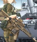  1girl assault_rifle black_thighhighs blonde_hair breasts camouflage caterpillar_tracks commentary_request from_side gloves green_gloves ground_vehicle gun head_out_of_frame highres m1_abrams magazine_(weapon) mc_axis medium_breasts medium_hair mikeran_(mikelan) military military_vehicle motor_vehicle outdoors rifle scope short_sleeves sig_sauer_mcx_spear smile solo tank thighhighs watch weapon weapon_request wristwatch xm5_rifle 