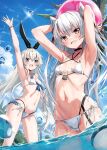  2girls absurdres amatsukaze_(kancolle) armpits arms_up ball bangs bare_shoulders beachball bikini blue_sky bracelet breasts brown_eyes choker cloud cloudy_sky grey_hair highres jewelry kantai_collection long_hair looking_at_viewer multiple_girls navel open_mouth palm_leaf palm_tree partially_submerged scan shimakaze_(kancolle) shiny shiny_hair shiny_skin simple_background sky small_breasts smile stomach swimsuit takanashi_kei_(hitsujikan) thighs tree water water_drop wet 