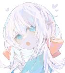  1girl blue_eyes blue_shirt hair_between_eyes hand_up heart highres irodori_warabi long_hair looking_at_viewer open_mouth original pointy_ears portrait shirt simple_background solo v white_background white_hair 