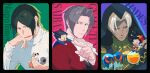  5boys ace_attorney ascot bangs black_hair character_request closed_eyes closed_mouth copyright_name dark-skinned_male dark_skin grey_hair hades_(series) hades_1 hood hood_up itsuki_(nightlight) laurel_crown long_sleeves male_focus miles_edgeworth miniboy multiple_boys napolimens open_mouth phoenix_wright ribbed_sweater spiked_hair sweater thanatos_(hades) turtleneck turtleneck_sweater upper_body white_ascot white_sweater zagreus_(hades) 