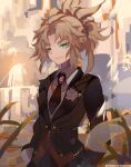  1girl artist_name bangs black_jacket blonde_hair boutonniere braid brooch collared_shirt cowboy_shot f15xallen fate/grand_order fate_(series) green_eyes hair_ornament hair_scrunchie jacket jewelry long_sleeves looking_at_viewer mordred_(fate) mordred_(formal_dress)_(fate) necktie ponytail red_scrunchie scrunchie shirt short_hair smile solo 