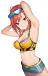  1girl ahoge arisugawa_natsuha arm_up armpits arms_behind_head arms_up bangs bare_arms bare_shoulders bikini bikini_under_clothes blush breasts brown_eyes cleavage closed_mouth collarbone cowboy_shot cutoffs denim denim_shorts dutch_angle eyewear_on_head goggles goggles_on_head gomibukurokarasu green_shorts groin highres idolmaster idolmaster_shiny_colors looking_at_viewer medium_breasts navel orange_hair short_shorts shorts sidelocks simple_background smile solo stomach sunglasses swimsuit text_print white_background yellow_bikini zipper_bikini 