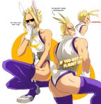  all_might animal_ears antenna_hair ass ass_focus bangs bare_arms bare_shoulders blonde_hair boku_no_hero_academia chinese_zodiac cosplay coughing_blood covered_eyes english_text fake_animal_ears feet_out_of_frame gloves hair_slicked_back highleg highleg_leotard highres leotard looking_at_viewer male_focus messy_hair mirko mirko_(cosplay) multiple_views muscular muscular_male rabbit_ears rabbit_tail skinny spiked_hair tail thighhighs thighs trevo_(trevoshere) white_gloves white_leotard year_of_the_rabbit 