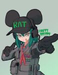  1girl absurdres animal_ear_headwear animal_ears black_gloves brown_eyes closed_mouth gloves green_background green_hair grey_jacket hair_between_eyes happy_birthday headset highres jacket looking_at_viewer medium_hair mouse_ears original pointing polilla pouch shotgun_shell sketch solo upper_body 