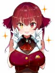  1girl ascot bangs black_jacket blush breasts brown_leotard cleavage cropped_jacket double_v gloves hair_ribbon heterochromia hololive houshou_marine jacket large_breasts leotard leotard_under_clothes looking_at_viewer open_mouth pinch_(nesume) red_ascot red_eyes red_hair red_jacket red_ribbon ribbon simple_background sleeveless sleeveless_jacket solo sparkle twintails upper_body v virtual_youtuber white_background white_gloves yellow_eyes 