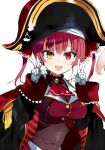  1girl ascot bangs black_leotard blush breasts cleavage cropped_jacket double_v gloves hair_ribbon hat heterochromia hololive houshou_marine jacket large_breasts leotard long_sleeves looking_at_viewer open_mouth pinch_(nesume) pirate_hat red_ascot red_eyes red_hair red_jacket red_ribbon ribbon simple_background sleeveless sleeveless_jacket solo twintails v virtual_youtuber white_background white_gloves yellow_eyes 