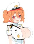  1girl :3 bangs blush breasts cerberus_(last_origin) cleavage fang hair_between_eyes hat huge_breasts last_origin looking_at_viewer mole mole_under_eye open_mouth orange_hair pinch_(nesume) red_eyes short_sleeves short_twintails simple_background solo twintails upper_body white_background white_headwear 