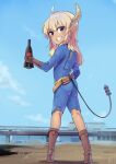  1girl ahoge ass bangs black_eyes blonde_hair blue_jumpsuit blue_sky boots bottle brown_footwear brown_gloves brown_horns cloud commentary_request day demon_girl demon_horns fallout_(series) fallout_4 fuka_(kantoku) full_body gloves grin ground_vehicle highres holding holding_bottle horns jumpsuit kneepits lilith_(machikado_mazoku) long_hair looking_at_viewer looking_back machikado_mazoku nuka_cola outdoors pointy_ears sky smile solo standing torn_jumpsuit train v-shaped_eyebrows vault_suit 