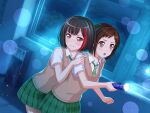  2girls :o artist_request bang_dream! bangs black_hair blue_background blush brown_eyes brown_hair brown_sweater_vest brown_vest closed_mouth collarbone collared_shirt commentary diagonal-striped_necktie dutch_angle fire_extinguisher flashlight green_necktie green_skirt hallway hand_on_another&#039;s_arm hazawa_tsugumi holding holding_flashlight indoors looking_away loose_necktie mitake_ran multicolored_hair multiple_girls necktie night official_art open_collar open_mouth plaid plaid_skirt pleated_skirt purple_eyes red_hair scared school school_uniform shirt short_hair short_sleeves skirt streaked_hair sweater_vest translated two-tone_hair vest wavy_mouth white_shirt white_skirt window 