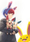  1girl alternate_color azumarill bangs black_hoodie blue_hair brown_eyes closed_mouth commentary_request glasses hairband highres holding holding_pokemon hood hood_down hoodie itsudzumi long_sleeves minun multicolored_hair penny_(pokemon) pink_hairband plusle pokemon pokemon_(creature) pokemon_(game) pokemon_sv red_hair round_eyewear shiny_pokemon two-tone_hair white_background 