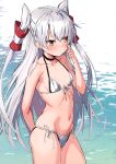  1girl absurdres amatsukaze_(kancolle) arm_behind_back bangs bare_shoulders bikini blush breasts choker closed_mouth collarbone front-tie_bikini_top front-tie_top hair_ornament hand_up highres kantai_collection long_hair navel scan shiny shiny_hair side-tie_bikini_bottom simple_background small_breasts solo stomach swimsuit takanashi_kei_(hitsujikan) thighs twintails water white_hair 