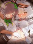  2girls abs absurdres animal_ears arm_around_waist bangs blush bow bowtie bra breasts brown_hair buttons closed_mouth commentary_request elbow_gloves european_hare_(kemono_friends) fur_collar furrowed_brow gloves grey_hair hair_over_one_eye hairband hand_on_another&#039;s_stomach hand_on_another&#039;s_waist highres horizontal_pupils kedama_(ughugjydthjdf) kemono_friends large_breasts light_brown_hair long_bangs looking_at_viewer medium_hair mountain_hare_(kemono_friends) multicolored_hair multiple_girls navel nose_blush off-shoulder_shirt off_shoulder one_eye_closed parted_lips partially_unbuttoned rabbit_ears red_eyes seductive_smile shirt skirt smile stomach toned underwear upper_body white_hair wince yuri 