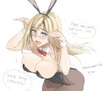  1girl animal_ears bangs bare_shoulders black_leotard blonde_hair blue_eyes blush bow breasts bunny_pose cleavage collar fake_animal_ears freckles highres large_breasts leotard long_hair looking_at_viewer open_mouth original pantyhose playboy_bunny ribbon simple_background smile solo wrist_cuffs zekkyon 