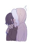  2girls akiyama_mizuki blush brown_hair buttons checkered_clothes checkered_scarf covered_face covering highres hood hood_up hooded_jacket jacket kiss kyline long_sleeves multiple_girls project_sekai scarf shinonome_ena short_hair upper_body white_background winter_clothes yuri 