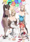  2023 4girls absurdres akane_(blue_archive) akane_(bunny)_(blue_archive) animal_ears armpits arms_up ass asuna_(blue_archive) asuna_(bunny)_(blue_archive) backless_leotard balloon bare_arms bare_back bare_legs bare_shoulders black-framed_eyewear black_footwear black_hair blue_archive blue_bow blue_bowtie blue_eyes blue_leotard blush bow bowtie breasts brown_shawl chinese_zodiac cleavage closed_mouth colored_tips confetti covered_navel detached_collar double_v eyes_visible_through_hair fake_animal_ears fuji_(rua-258) full_body glasses gloves gradient_hair grin hair_over_one_eye halo happy_new_year heel_up high_heels highleg highleg_leotard highres indian_style jacket karin_(blue_archive) karin_(bunny)_(blue_archive) knees_together_feet_apart large_breasts legs leotard leotard_under_clothes light_brown_hair long_hair looking_at_viewer medium_breasts mole mole_on_breast multicolored_hair multiple_girls neru_(blue_archive) neru_(bunny)_(blue_archive) off_shoulder on_stool open_clothes open_jacket pantyhose playboy_bunny ponytail purple_hair rabbit red_eyes red_footwear red_leotard shawl sideways_glance silver_footwear simple_background sitting small_breasts smile standing standing_on_one_leg stool thighs v very_long_hair white_background white_footwear white_gloves white_leotard white_pantyhose year_of_the_rabbit yellow_eyes 