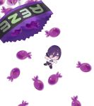  1girl :&gt; black_ribbon candy chainsaw_man character_name chibi collared_shirt food green_eyes hair_between_eyes hair_bun highres looking_to_the_side purple_hair purple_theme reze_(chainsaw_man) ribbon shirt short_hair simple_background single_hair_bun smile solo white_background white_shirt yuuwaku06 