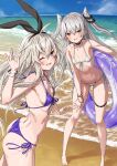  2girls absurdres amatsukaze_(kancolle) ass bangs bare_shoulders barefoot beach bikini blue_sky bracelet breasts brown_eyes choker cloud collarbone day front-tie_bikini_top front-tie_top grey_eyes grey_hair hair_ornament hand_up highleg highleg_bikini highres holding innertube jewelry kantai_collection long_hair looking_at_viewer multiple_girls navel ocean one_eye_closed open_mouth outdoors scan shimakaze_(kancolle) shiny shiny_hair side-tie_bikini_bottom simple_background sky small_breasts smile summer swimsuit takanashi_kei_(hitsujikan) thigh_strap thighs water 