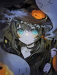  1girl @_@ black_hair black_headwear black_jacket blue_eyes ghost halloween hat hat_ornament highres holding house irodori_warabi jacket long_sleeves night original pumpkin solo upper_body witch_hat 