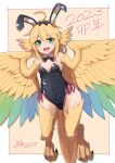  1girl 2023 animal_ears bangs bird_ears bird_legs bird_tail black_headband black_leotard blush bow bowtie breasts chinese_zodiac covered_navel cue_(lindwrum) dated detached_collar fake_animal_ears fang feathers green_eyes hair_between_eyes harpy headband highres leotard long_hair monster_girl open_mouth original playboy_bunny rabbit_ears skin_fang small_breasts solo tail talons winged_arms wings year_of_the_rabbit yellow_feathers yellow_wings 
