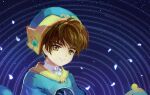  1boy brown_hair cardcaptor_sakura cat_princess closed_mouth green_headwear li_xiaolang magical_boy petals portrait sky smile solo star_(sky) starry_sky 