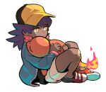  1boy aged_down aqua_jacket bandaid bandaid_on_knee bandaid_on_leg bangs bright_pupils charmander closed_mouth commentary_request dark-skinned_male dark_skin flame-tipped_tail from_side hat holding holding_pokemon jacket korean_commentary leon_(pokemon) long_hair long_sleeves male_focus pokemon pokemon_(anime) pokemon_(creature) pokemon_journeys purple_hair redlhzz shoes shorts simple_background sitting split_mouth tearing_up white_background white_pupils yellow_eyes yellow_headwear 